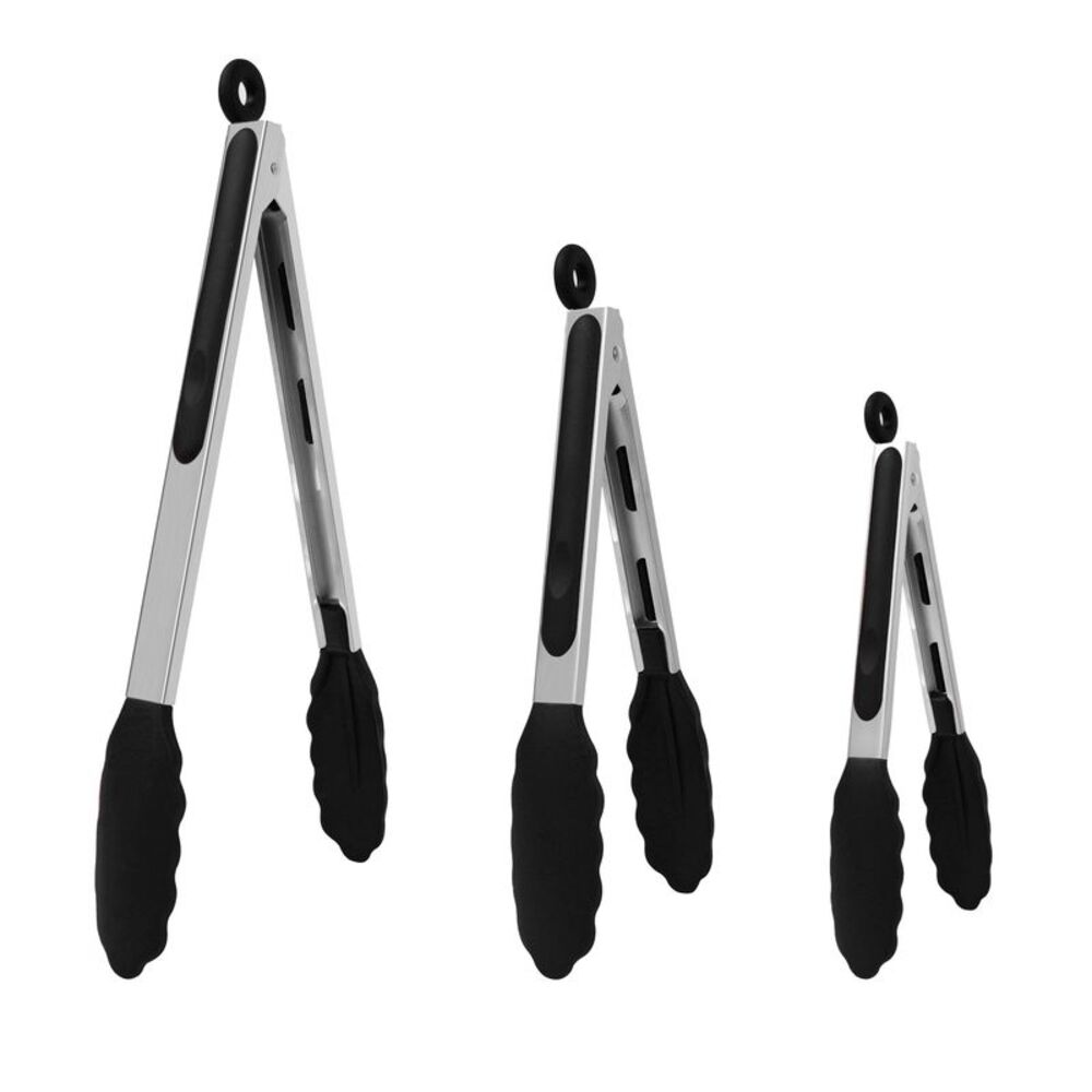 3pcs Silicone Tip Stainless Steel Locking Tong Set - 7" & 9" & 12" Black